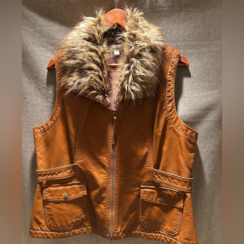 dressbarn Faux Leather Vest with Faux Fur Collar - Cognac Brown